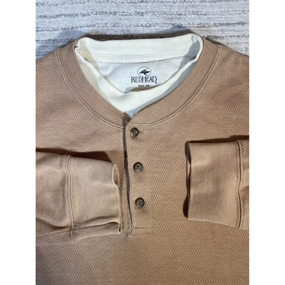 RedHead Mens 2XL Brown Waffle Knit Henley Shirt Long Sleeve Double Layer Neck